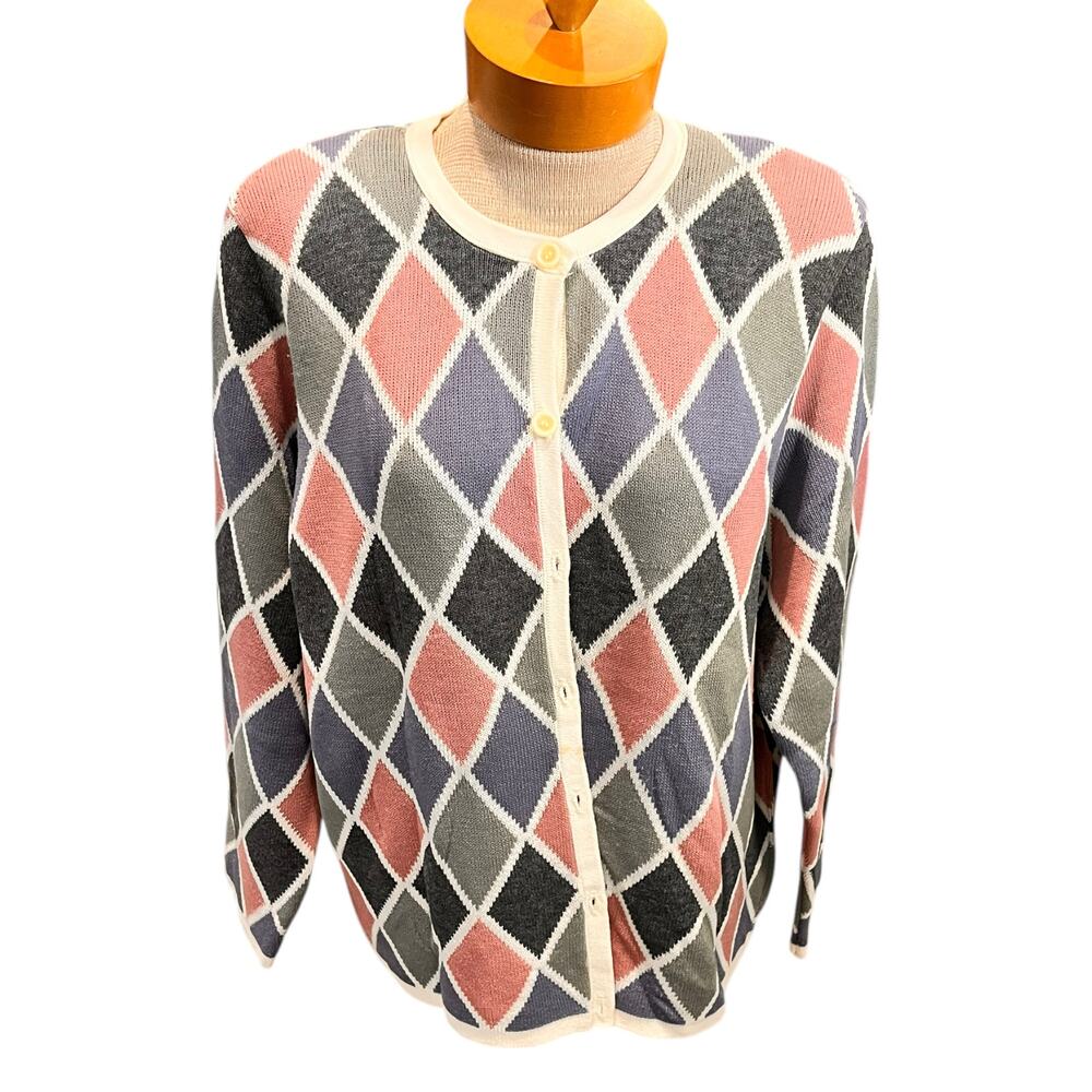 Vintage Size L/XL Womens Sweater Alfred Dunner Grandmacore Cardigan Diamond Pink
